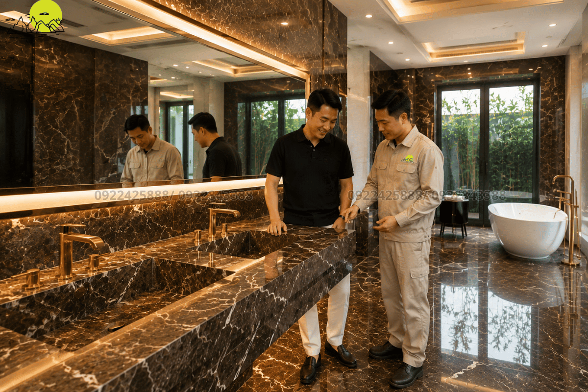 Hình ảnh nghiệm thu lavabo đá Marble nâu Tây Ban Nha sáng bóng lộng lẫy