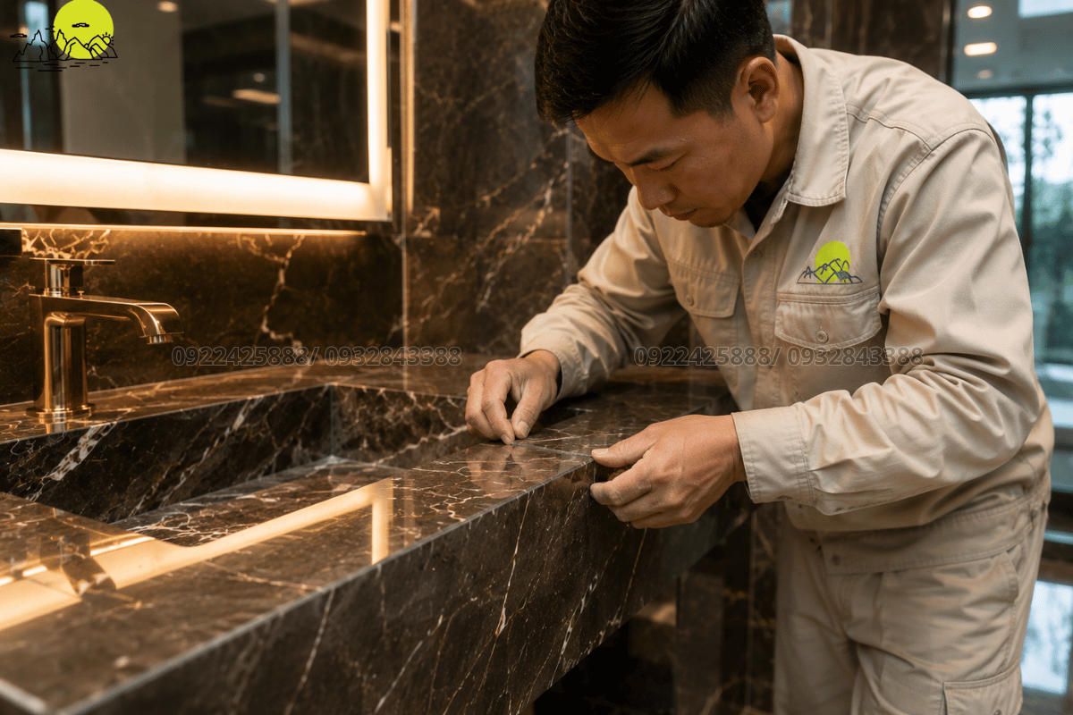 Thợ đá tay nghề cao tỉ mỉ bôi keo ghép mòi cạnh cho hộc chậu lavabo