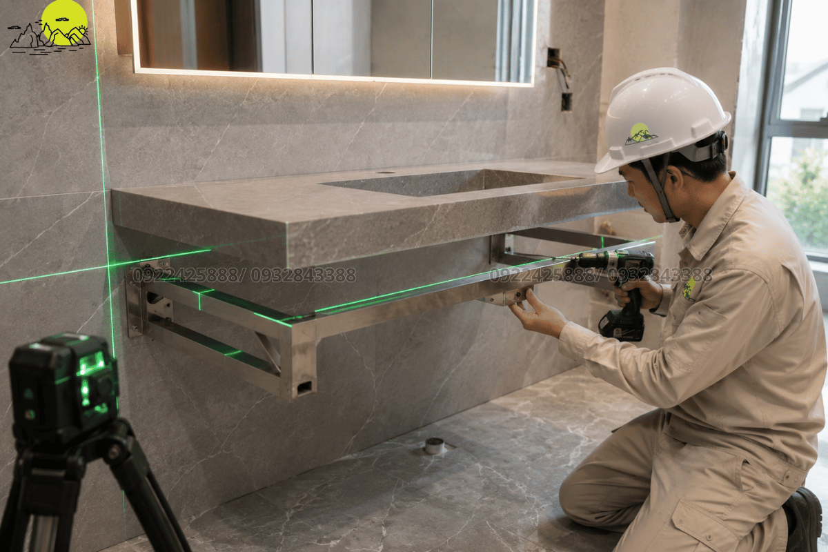 Thợ kỹ thuật tiến hành lắp đặt hệ khung giá đỡ inox chịu lực treo tường bàn đá lavabo