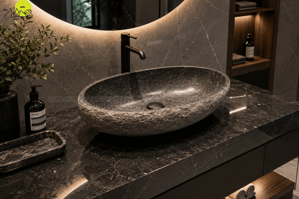 Xu hướng thiết kế chậu rửa mặt hình oval đặt nổi trên mặt bàn đá đen kim sa