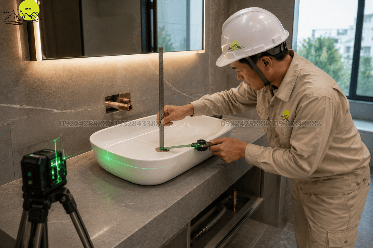 Kỹ thuật viên tiến hành căn chỉnh tâm lỗ thoát nước cho hệ chậu rửa đặt nổi