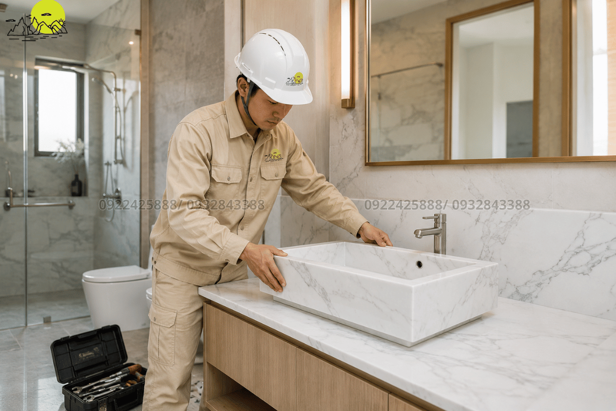 Hình ảnh thi công lắp đặt hoàn thiện chậu rửa mặt bằng đá tự nhiên nhập khẩu sắc nét