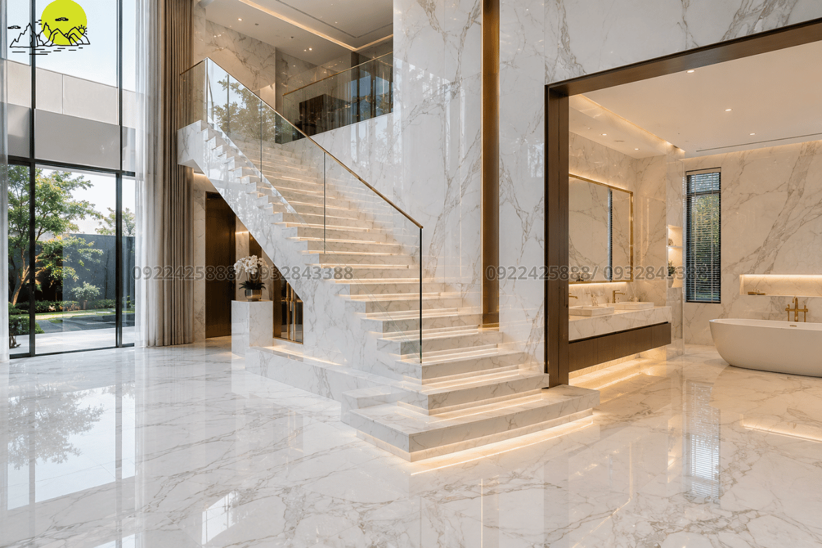 Sự phối hợp đồng điệu giữa cầu thang đá Marble trắng và không gian sảnh phòng tắm