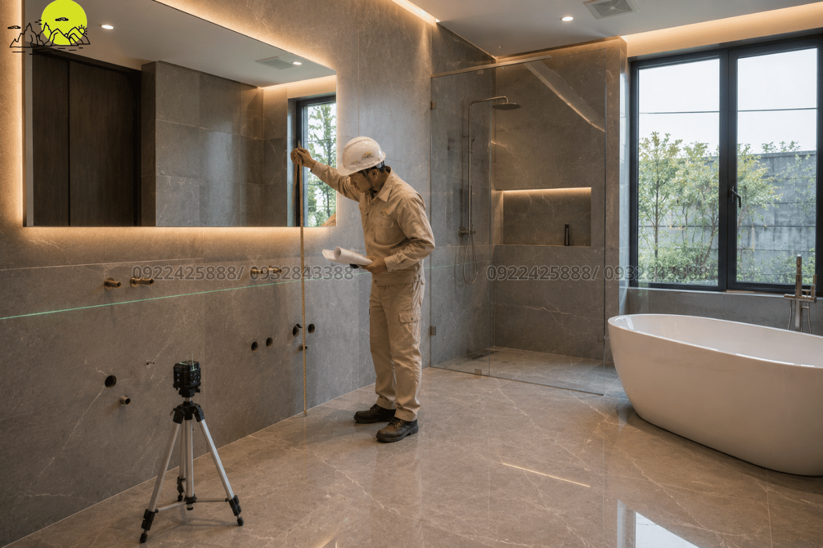 Chuyên viên kỹ thuật đo đạc kích thước hiện trạng phòng tắm bằng thước chuyên dụng