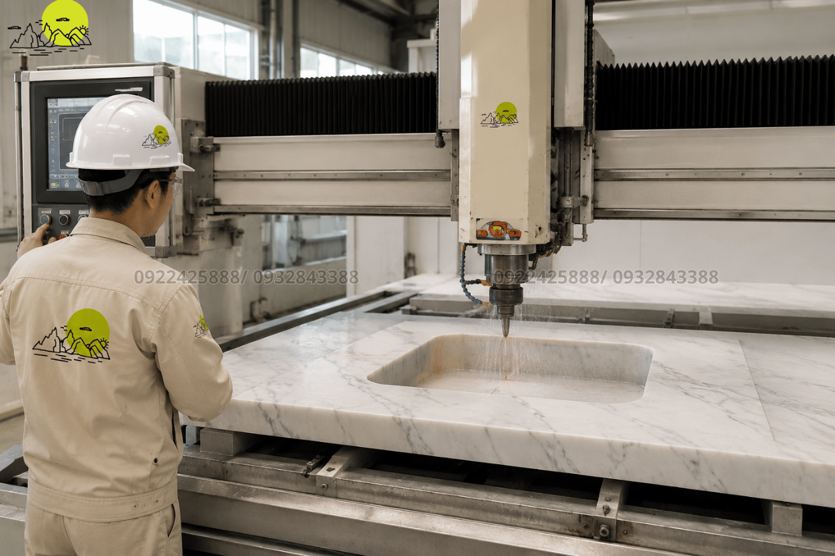 Hệ thống máy cắt đá CNC hồng ngoại gia công định hình lòng chậu rửa mặt tại xưởng