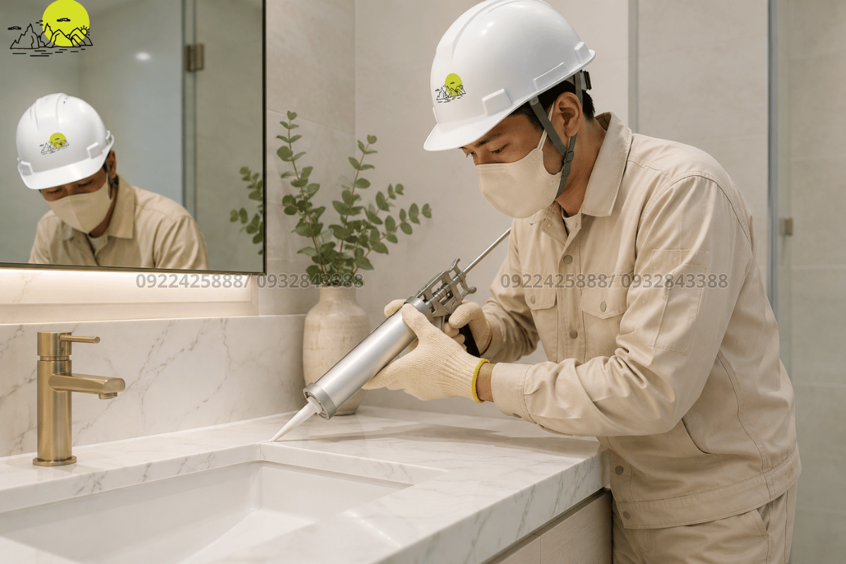 Công đoạn xả nước kiểm tra độ kín khít và tốc độ thoát nước của lòng chậu lavabo đá