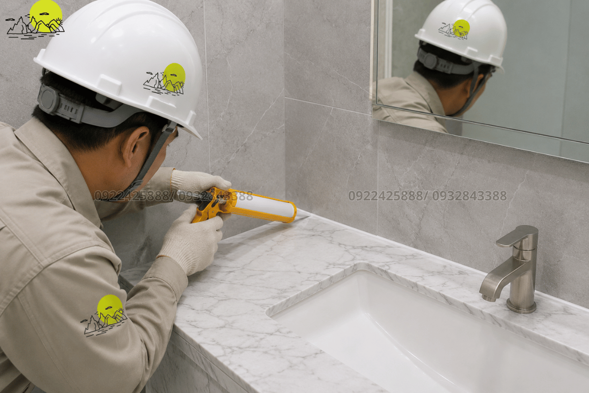 Thợ thi công tỉ mỉ đi đường keo silicone chống mốc viền bàn lavabo đá tiếp giáp tường