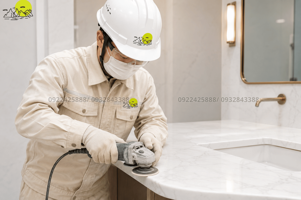 Công đoạn thợ kỹ thuật dùng máy mài bo cạnh viền mịn màng cho bàn đá lavabo