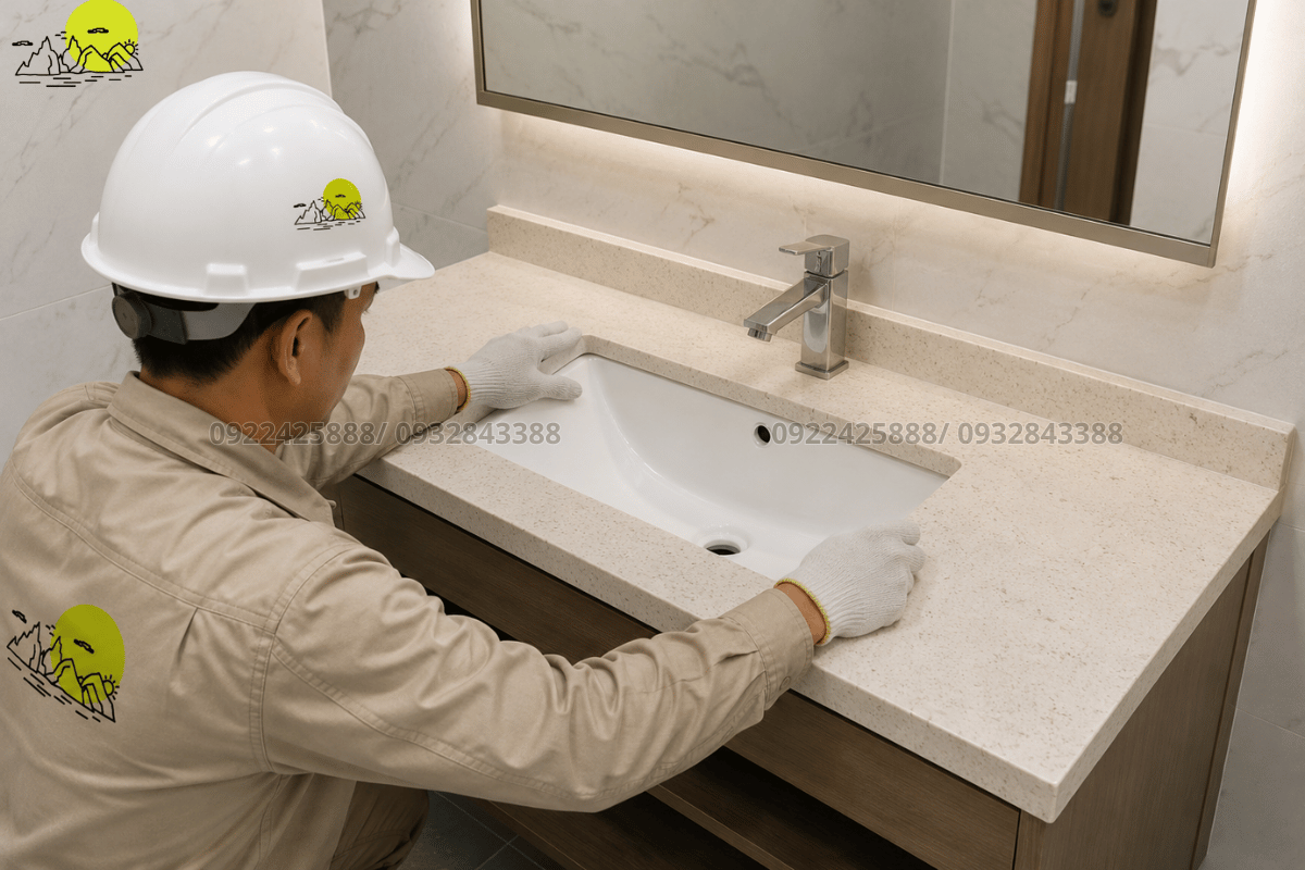 Hình ảnh thi công lắp đặt chậu rửa mặt âm bàn đá Granite kiên cố cho chung cư