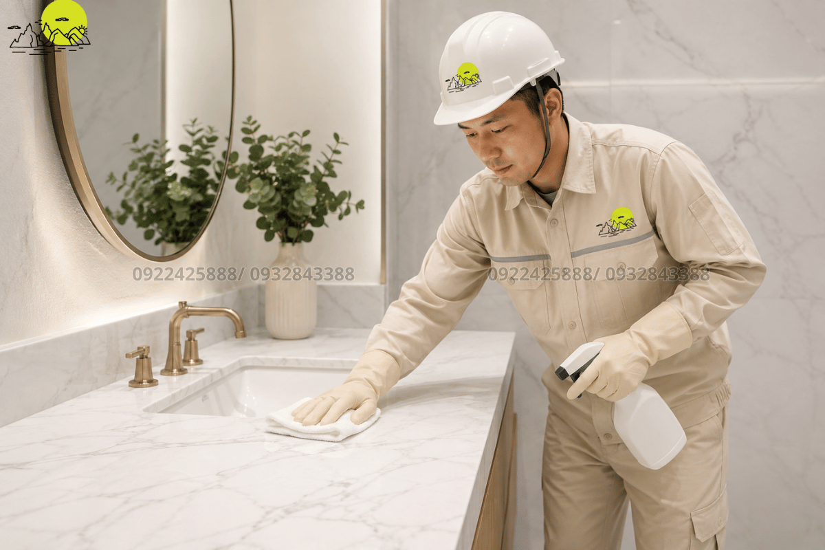 Vệ sinh lau chùi dọn dẹp sạch sẽ bàn lavabo đá trước khi bàn giao cho chủ nhà