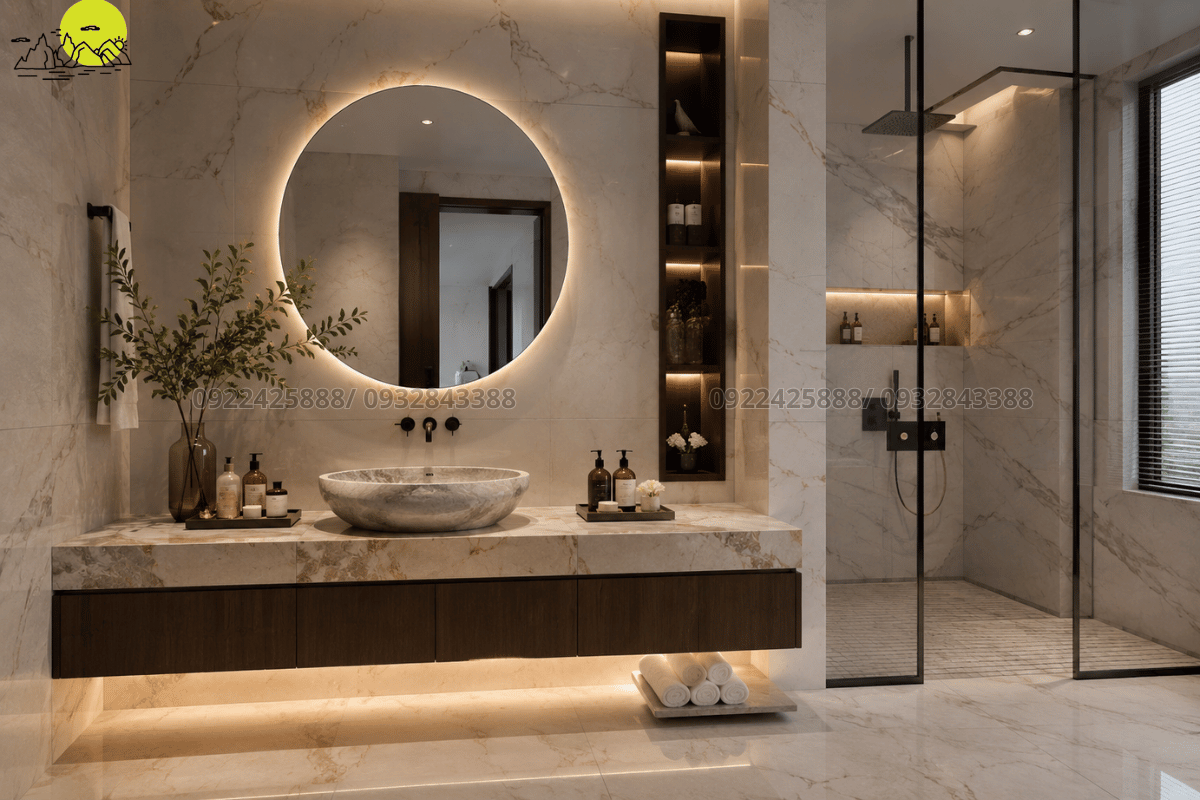 Không gian nội thất phòng tắm biệt thự xa hoa với hệ thống chậu rửa mặt bằng đá tự nhiên