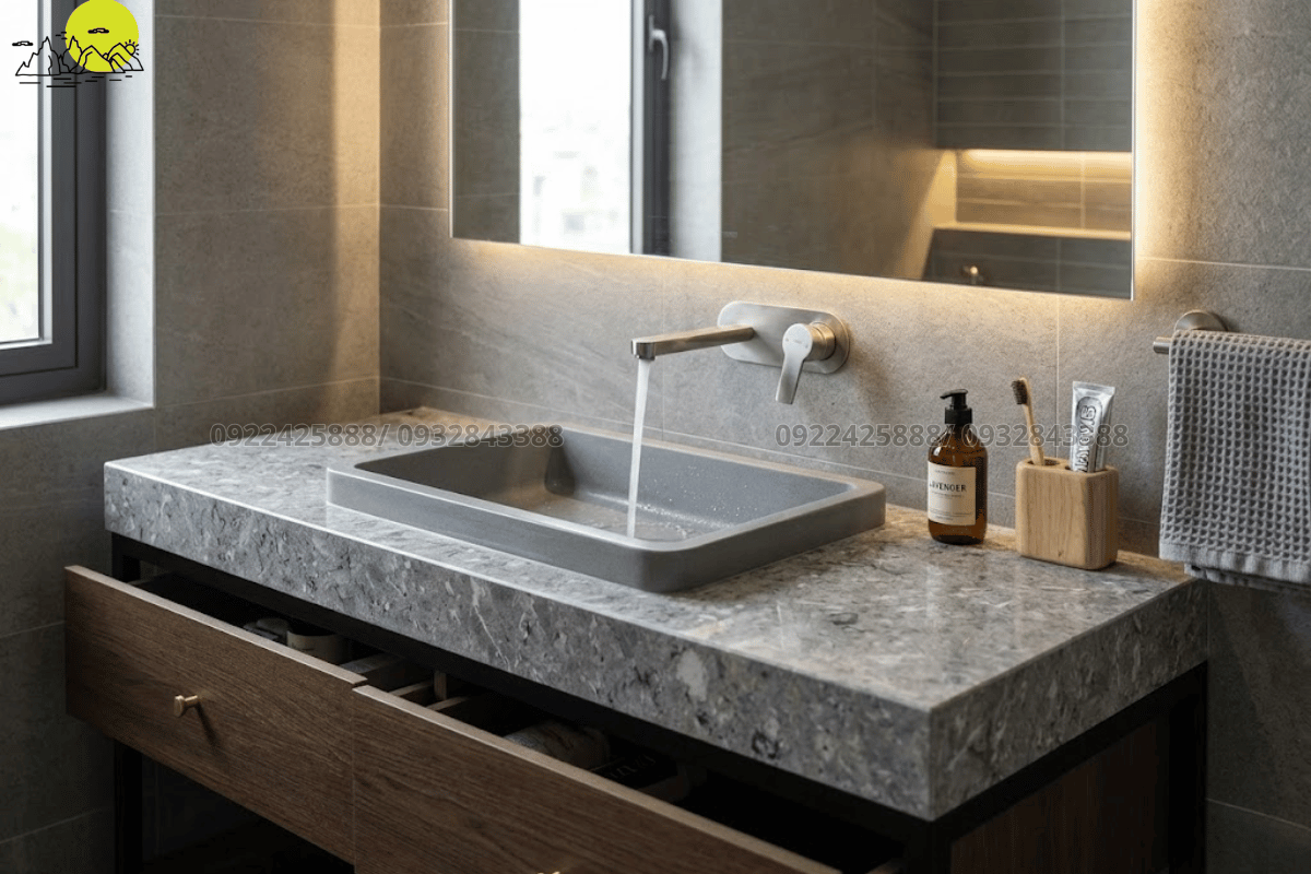 Mẫu thiết kế lavabo và chậu rửa mặt đá thạch anh nhân tạo màu xám hiện đại tối giản