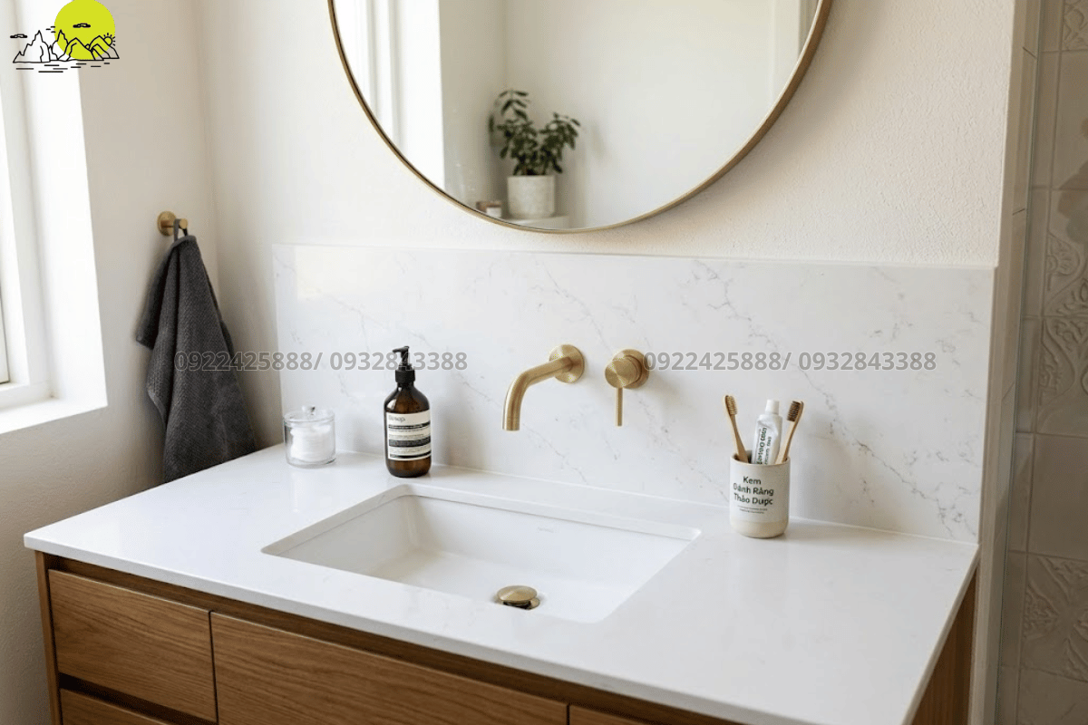 Thợ kỹ thuật thi công gắn vách bàn lavabo bằng đá thạch anh trắng cao cấp