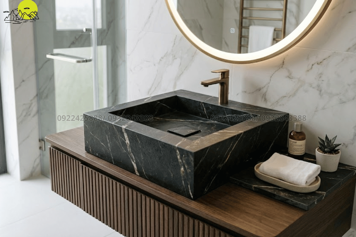 Thiết kế lavabo dạng khối hộp vuông vức độc đáo từ chất liệu đá nung kết cao cấp