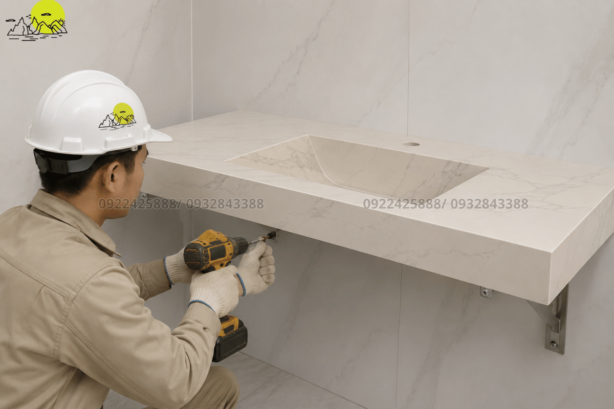 Hình ảnh thi công bắt vít cố định chậu rửa mặt bằng đá nung kết treo tường kiên cố