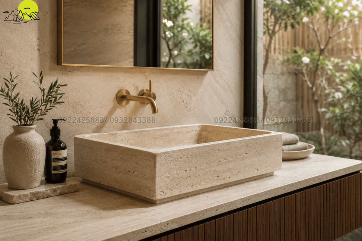 Thiết kế chậu rửa mặt độc bản từ chất liệu đá Travertine tự nhiên mộc mạc cổ điển