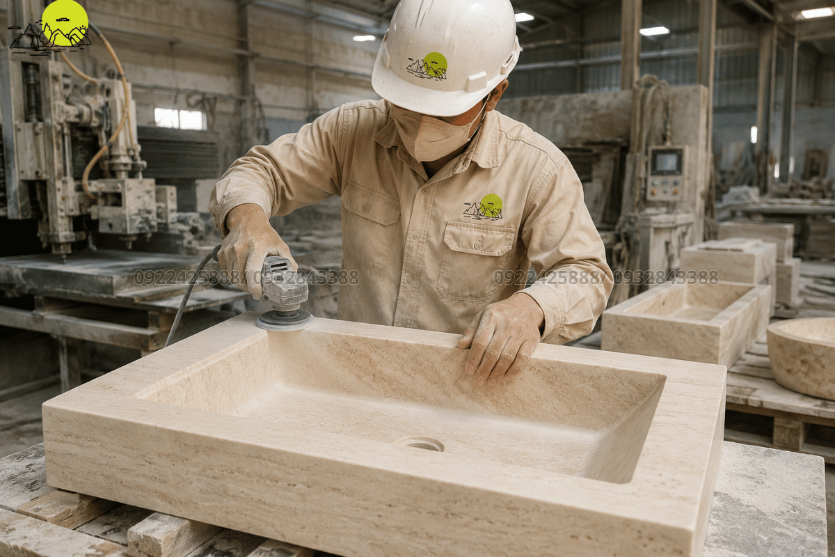 Quá trình thợ đá gia công đẽo gọt lavabo từ khối đá Travertine tự nhiên