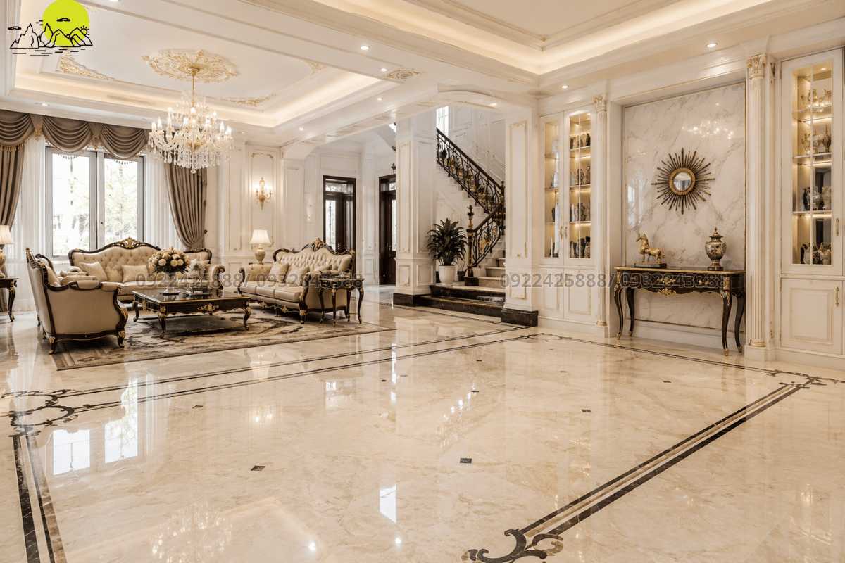 Thiết kế sàn phòng khách tân cổ điển quý phái ứng dụng đá marble tự nhiên