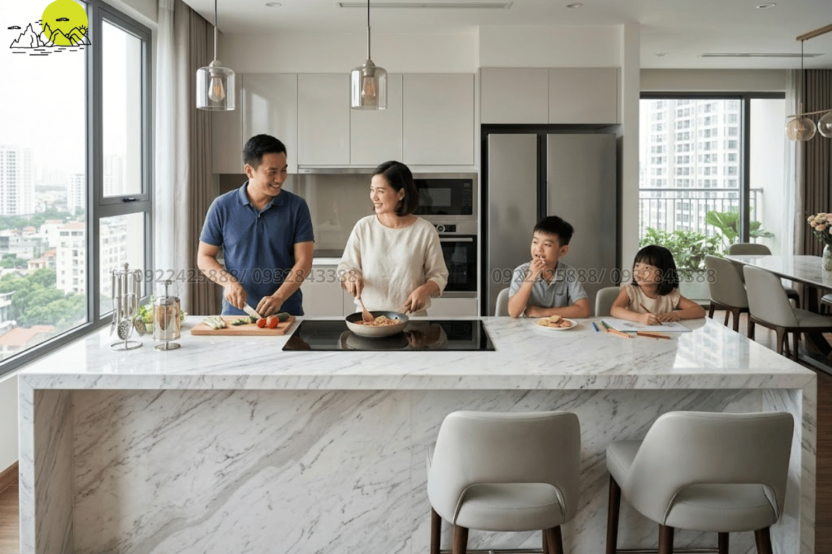 Thiết kế đẳng cấp cho combo đảo bếp và quầy bar sử dụng đá marble trắng Volakas