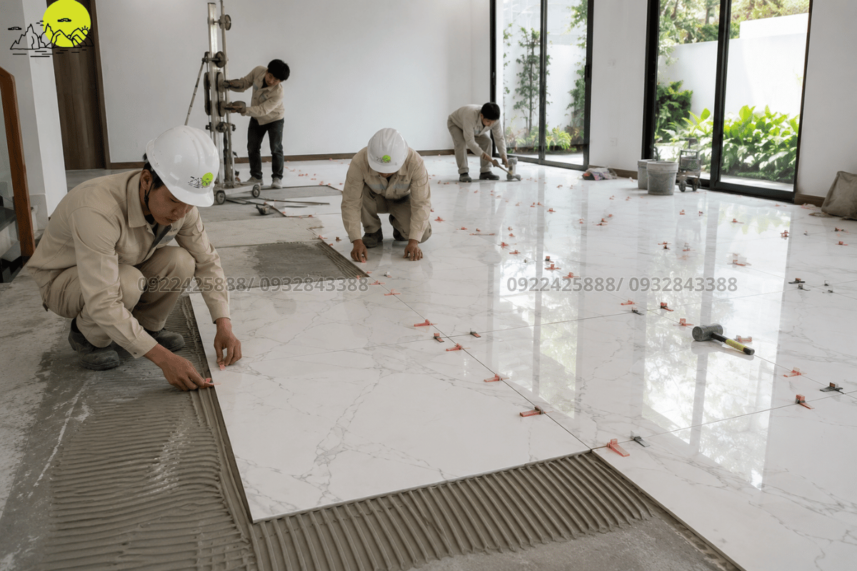 Quá trình thi công lát sàn phòng khách bằng đá nung kết khổ lớn sang trọng