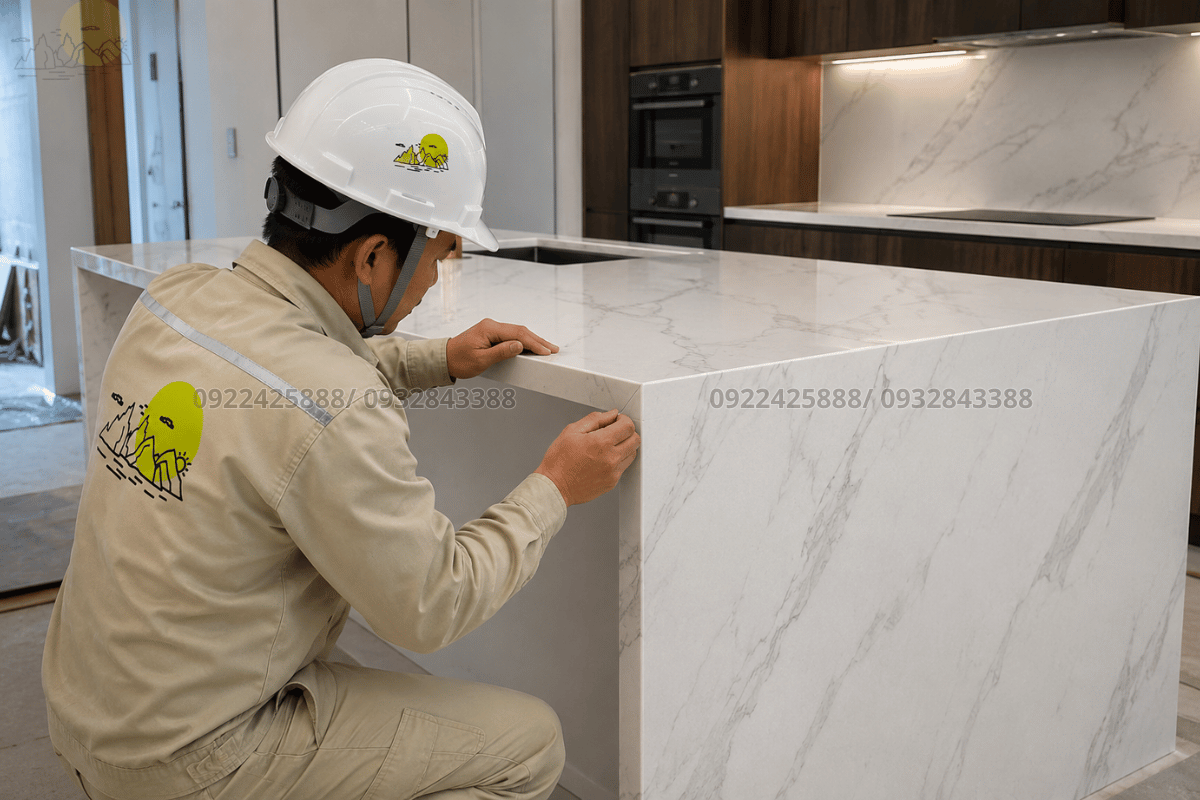 Thợ kỹ thuật lành nghề đang căn chỉnh đường ghép mòi cho đảo bếp thác nước
