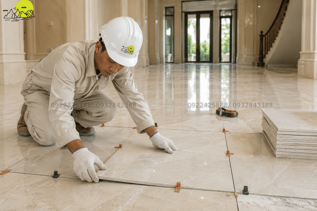 Đội ngũ thợ lành nghề tiến hành định vị đá marble lát nền biệt thự