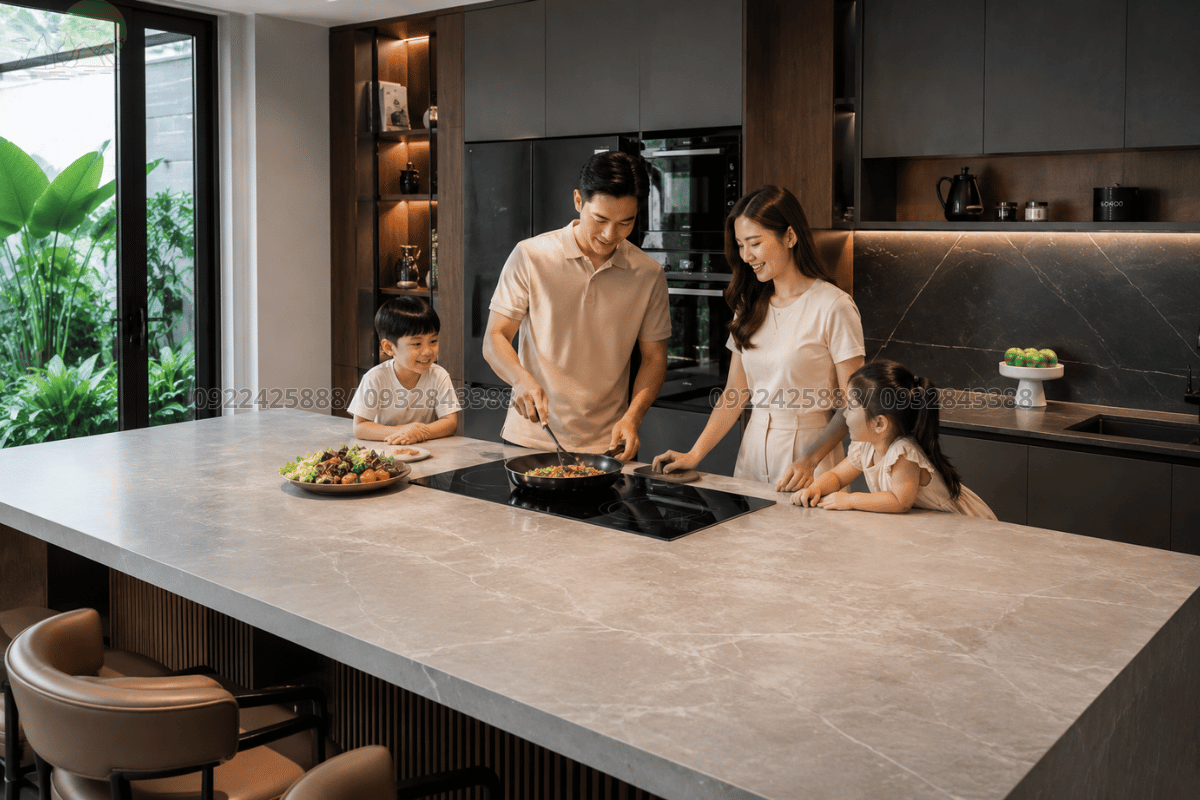 Ứng dụng đột phá của đá nung kết làm mặt bàn bếp tích hợp hệ thống bếp từ âm ẩn