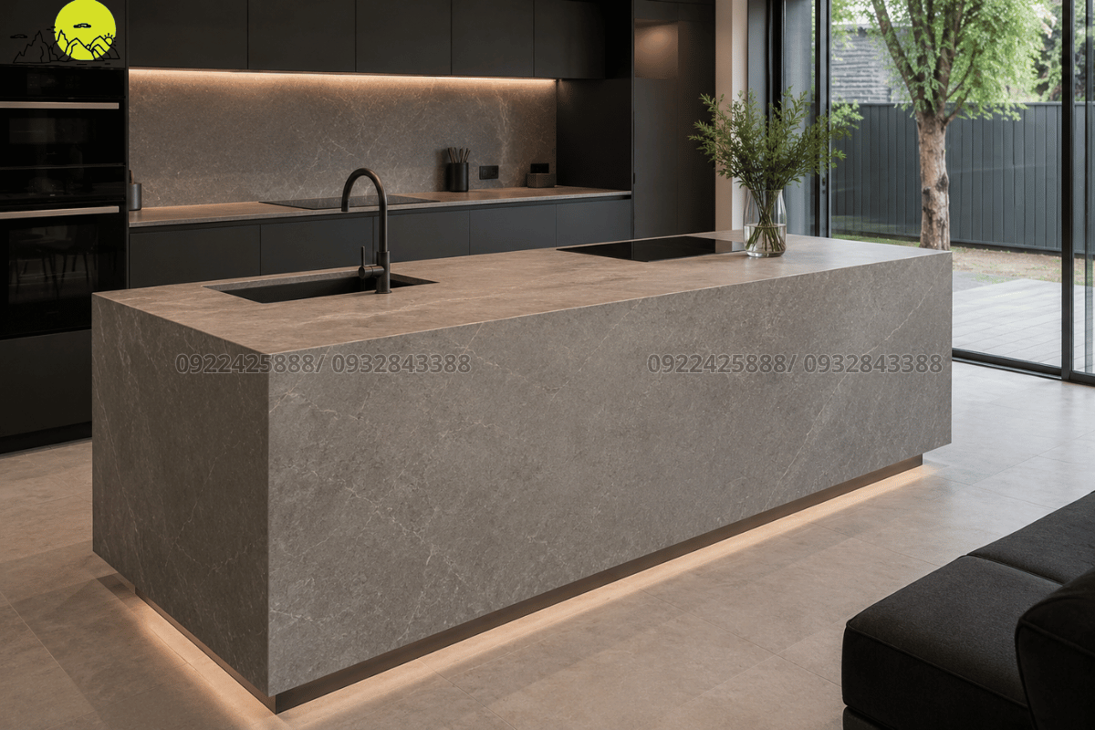 Xu hướng thiết kế đảo bếp dạng khối hộp tối giản bằng chất liệu đá xám cao cấp