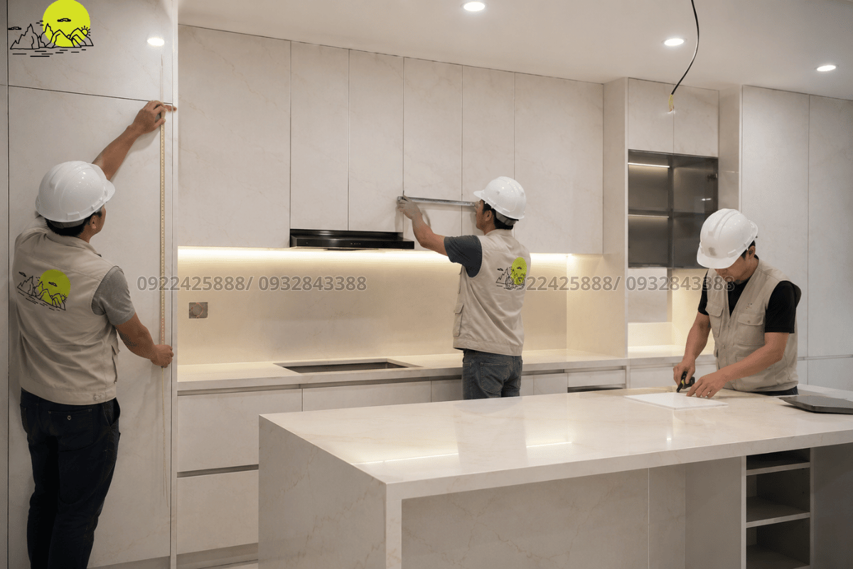 Hình ảnh thợ lắp đặt hệ cánh tủ bếp bằng chất liệu đá nung kết mỏng đồng bộ mặt bàn