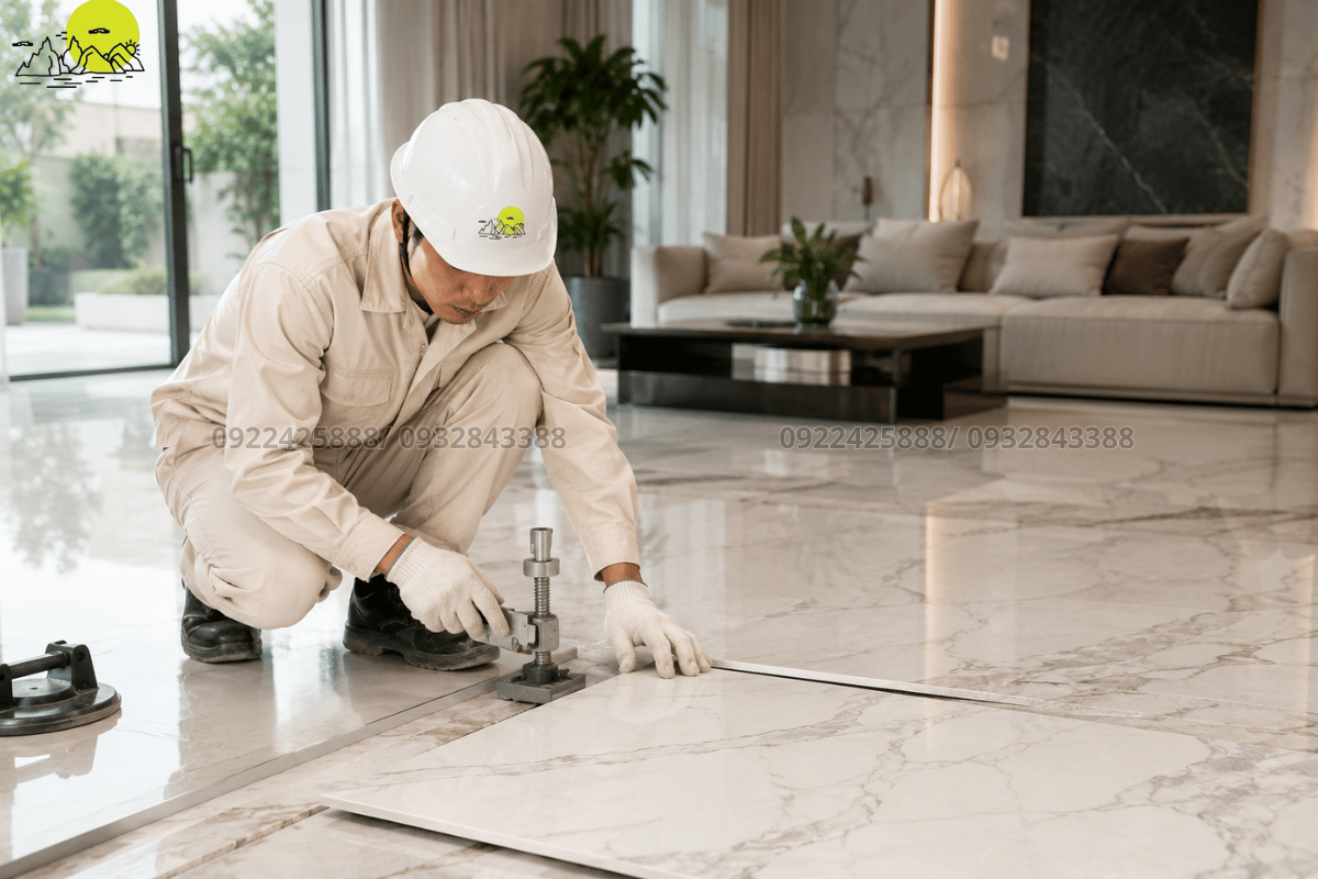 Thợ kỹ thuật tỉ mỉ căn chỉnh các đường mạch cho khối đá đối vân lát nền
