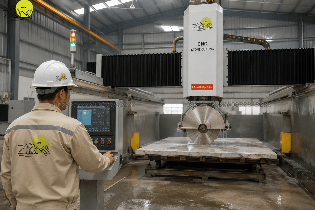Hệ thống máy cắt đá CNC hồng ngoại hiện đại vận hành tự động tại nhà xưởng Tổng Kho Đá