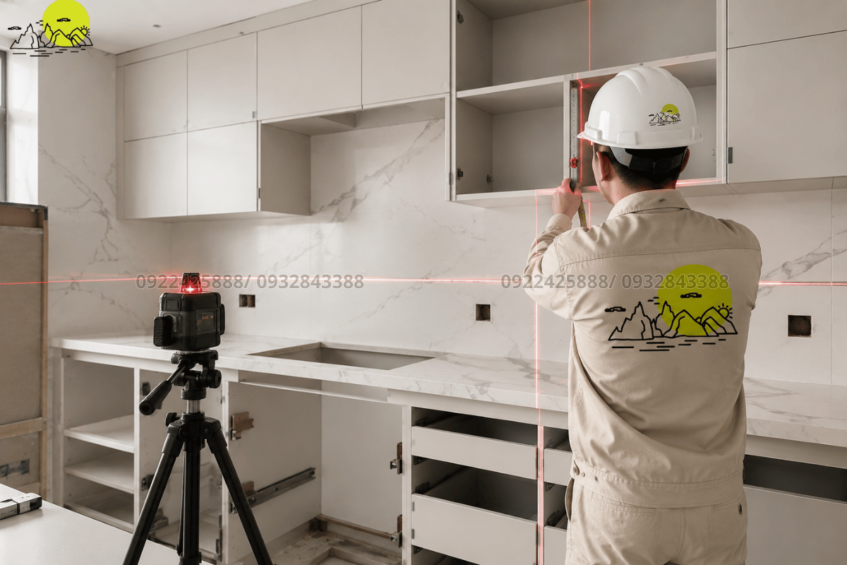 Công đoạn kỹ sư đo đạc kiểm tra cốt tủ bếp bằng máy cân bằng laser chuyên dụng
