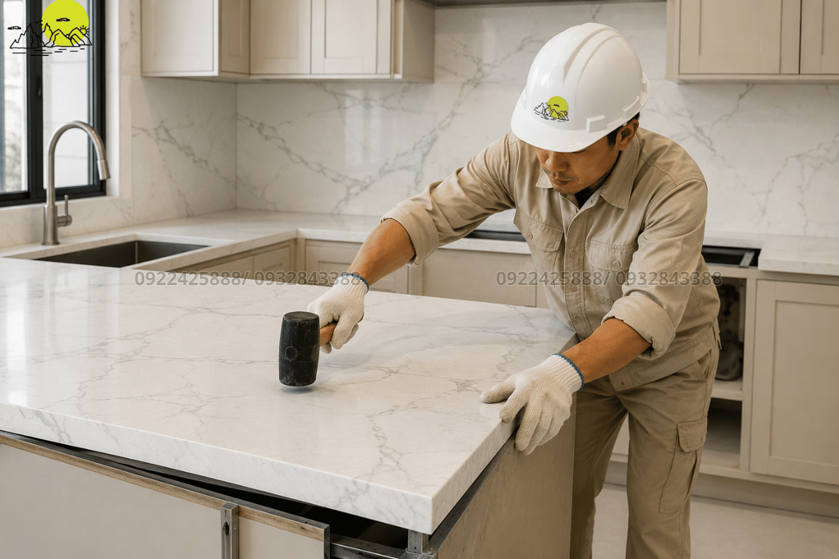 Thợ thi công đang đặt tấm đá mặt bếp và dùng búa cao su căn chỉnh cao độ
