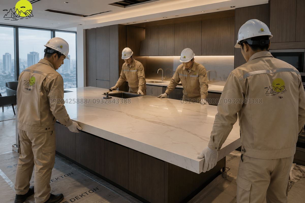 Hình ảnh thi công trọn gói bộ ba mặt bàn bếp, đảo bếp và quầy bar cho biệt thự hiện đại