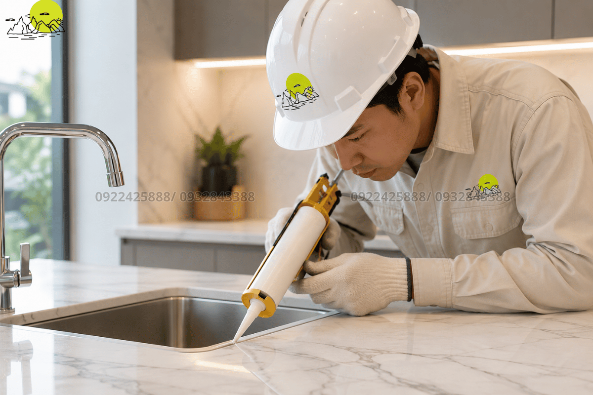 Thợ đá tiến hành đi keo silicone chống thấm viền chậu rửa âm bàn bếp