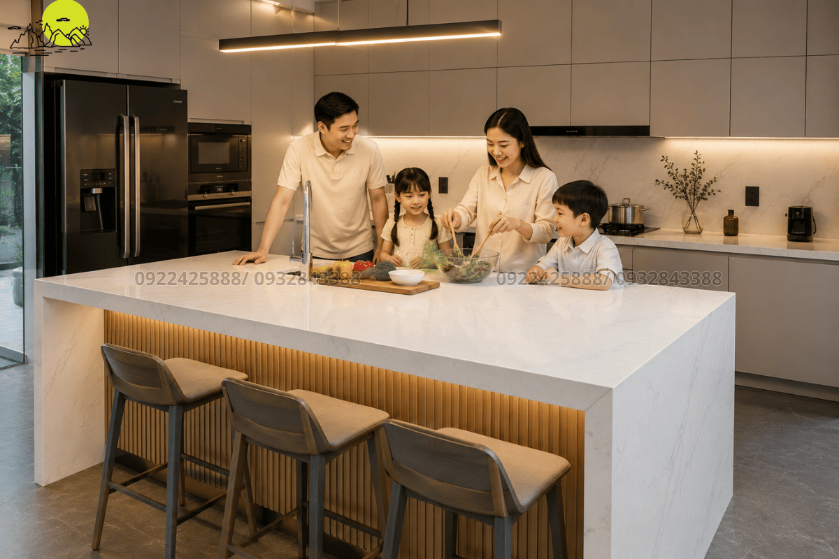 Hình ảnh ứng dụng đá thạch anh nhân tạo làm quầy bar gia đình sang trọng