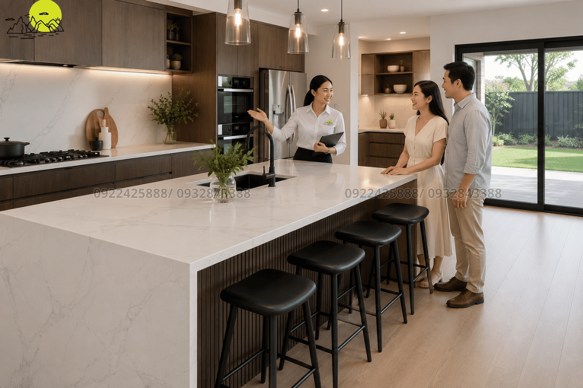 Cận cảnh các đường nét gia công sắc nét trên hệ đảo bếp đá nhân tạo cao cấp