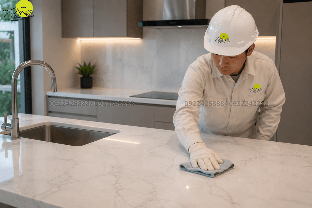 Vệ sinh sạch sẽ phủ bóng bàn giao hạng mục mặt bàn bếp đá hoàn thiện