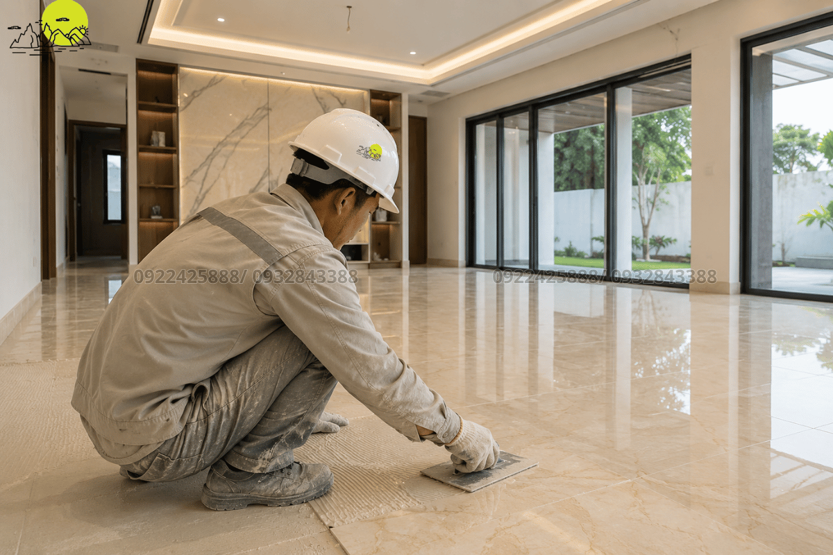 Dịch vụ thi công lát sàn phòng khách bằng đá tự nhiên mang lại không gian sang trọng đẳng cấp