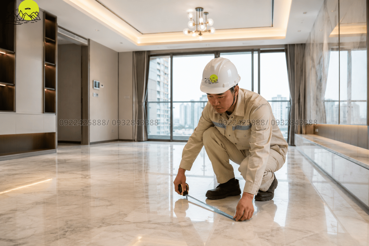 Chuyên viên kỹ thuật tiến hành khảo sát miễn phí trước khi thi công lát sàn phòng khách