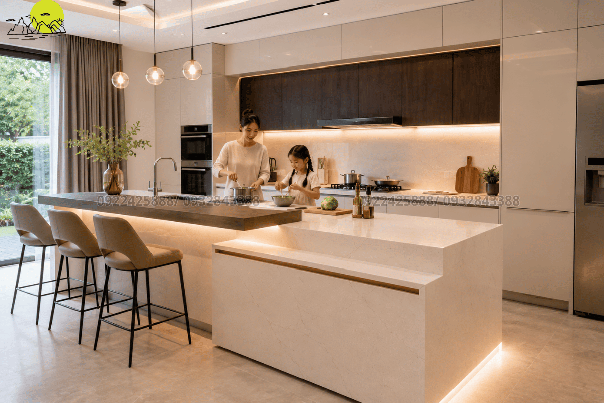 Mẫu thiết kế đảo bếp giật cấp kết hợp quầy bar hiện đại bằng đá thạch anh