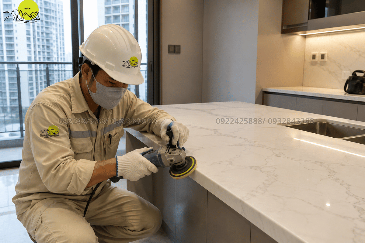 Công đoạn thợ kỹ thuật tiến hành mài bo bóng cạnh viền cho mặt bàn bếp đá