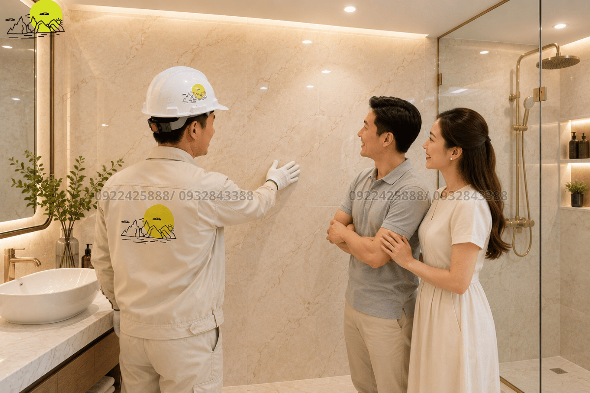 Bàn giao nghiệm thu mảng tường đá phòng tắm bóng gương lộng lẫy đúng tiến độ