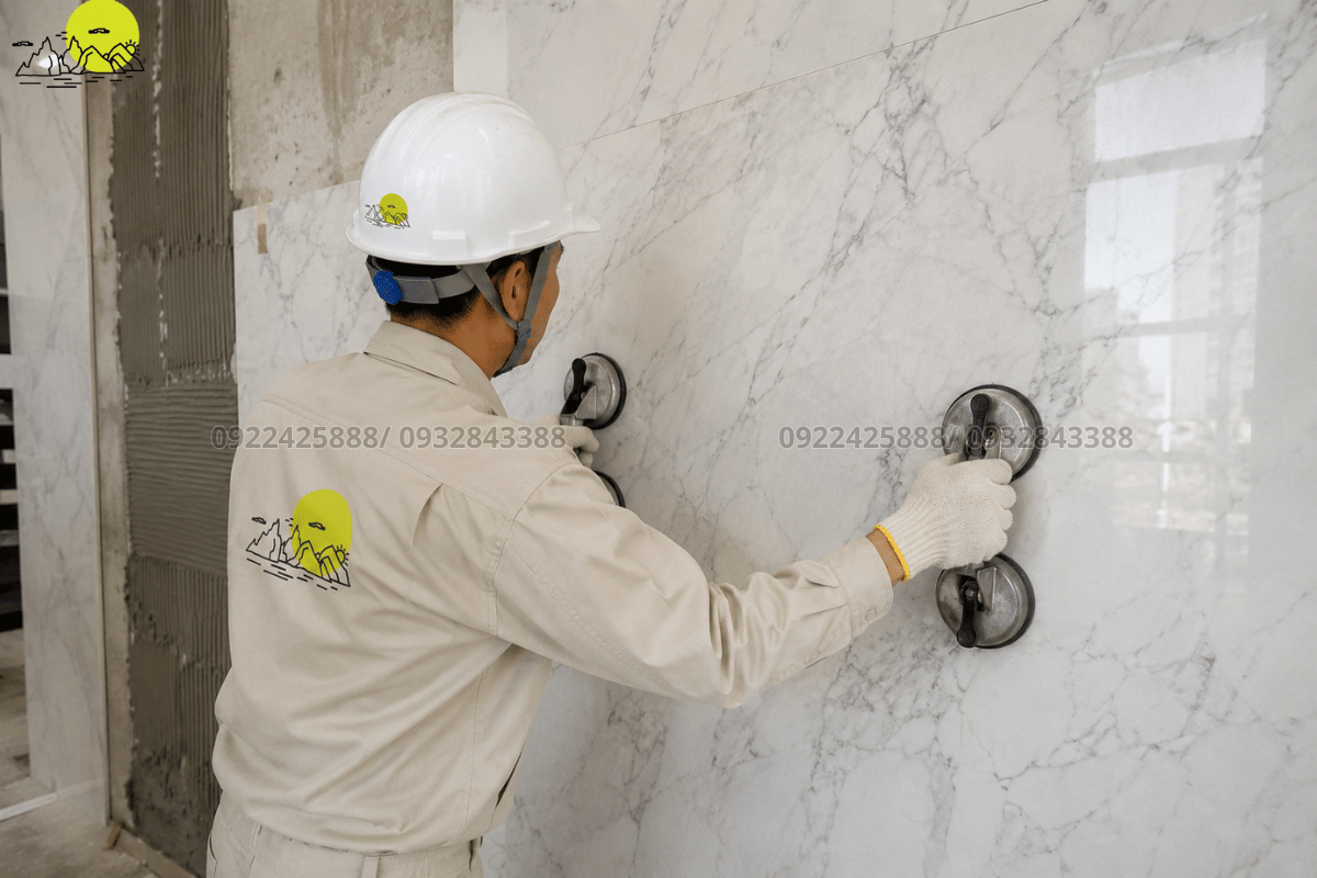 Thợ kỹ thuật tay nghề cao tiến hành căn chỉnh tấm đá lớn ốp tường phòng tắm