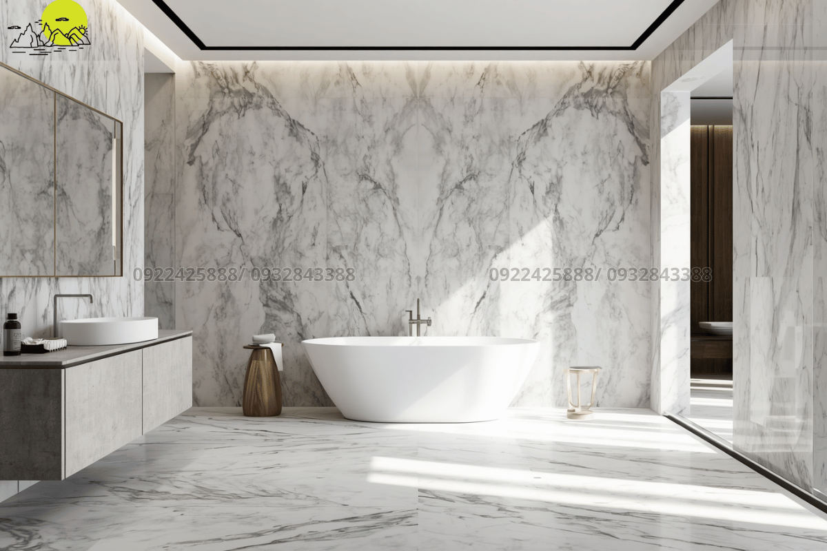 Không gian phòng tắm vương giả với mảng tường ốp đá Marble trắng Ý đối vân