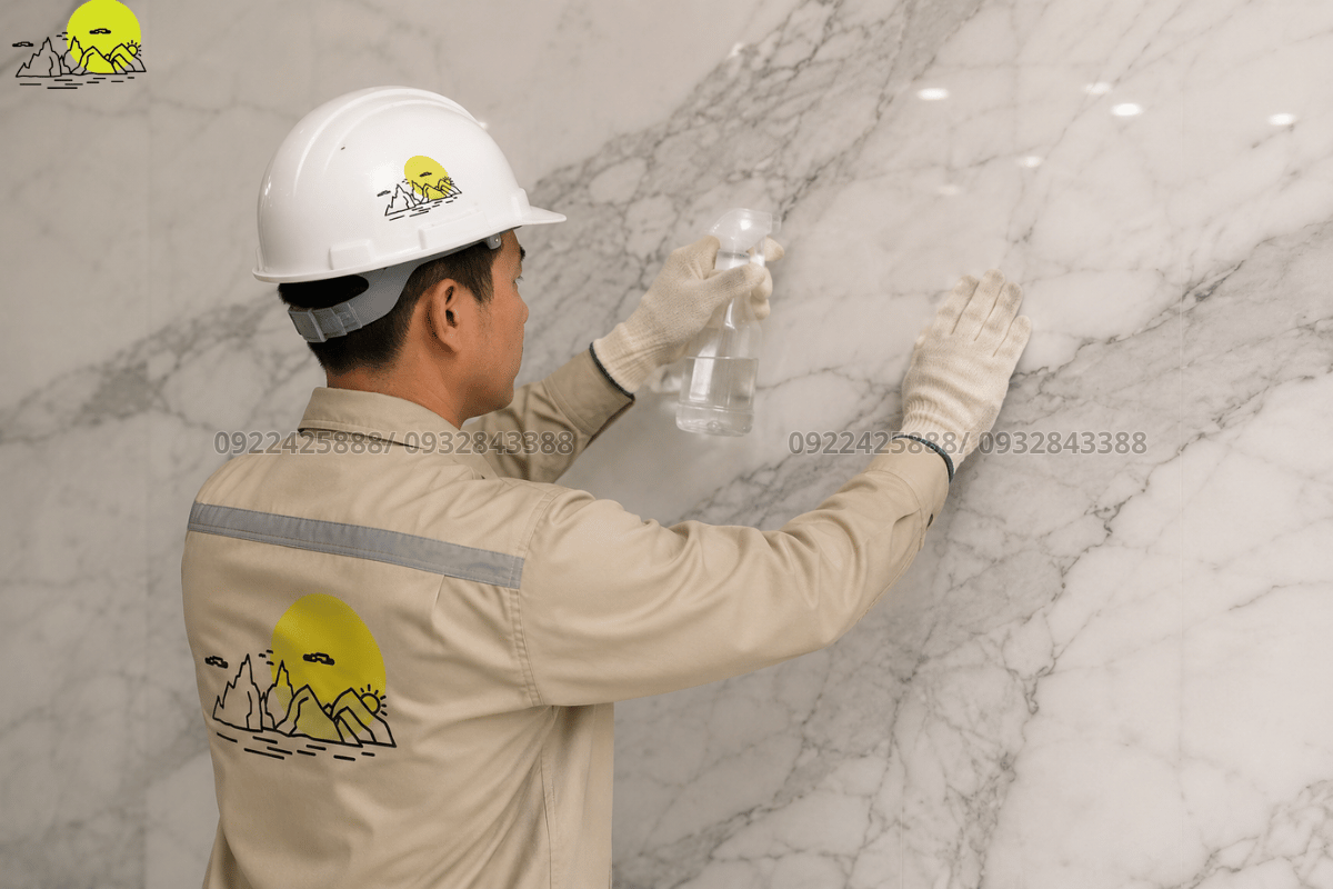 Quá trình lắp đặt cố định hệ vách ngăn chịu lực bằng tấm đá Granite tự nhiên dày dặn