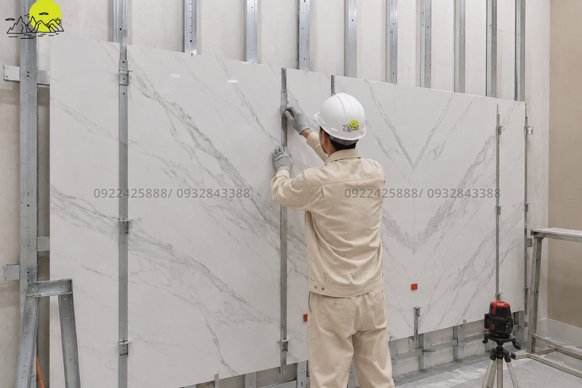 Đội ngũ thợ thi công đo đạc định vị hệ khung xương treo đá đối vân lên vách tường