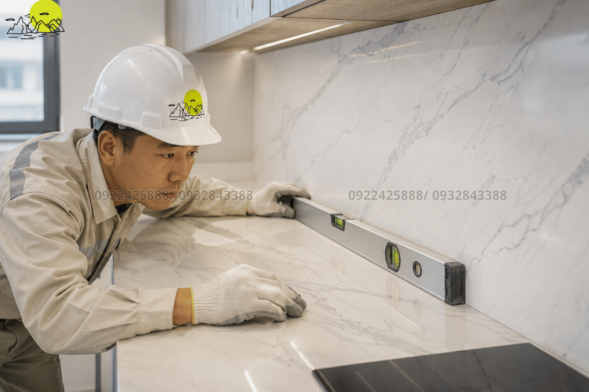 Thợ kỹ thuật tỉ mỉ mài mòi góc cạnh hộc âm tường của vách đá phòng tắm