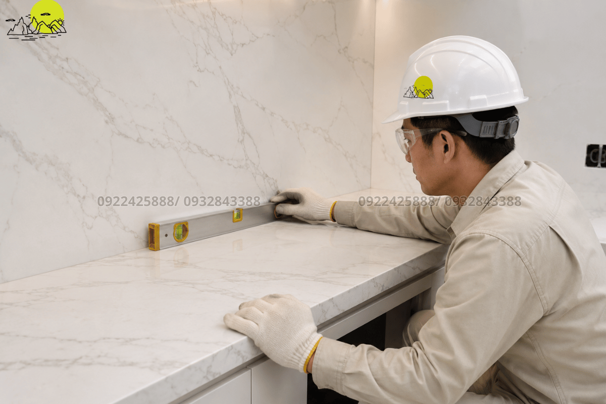 Chuyên viên giám sát kiểm tra độ phẳng mạch tiếp giáp giữa diện vách tường đá và nền