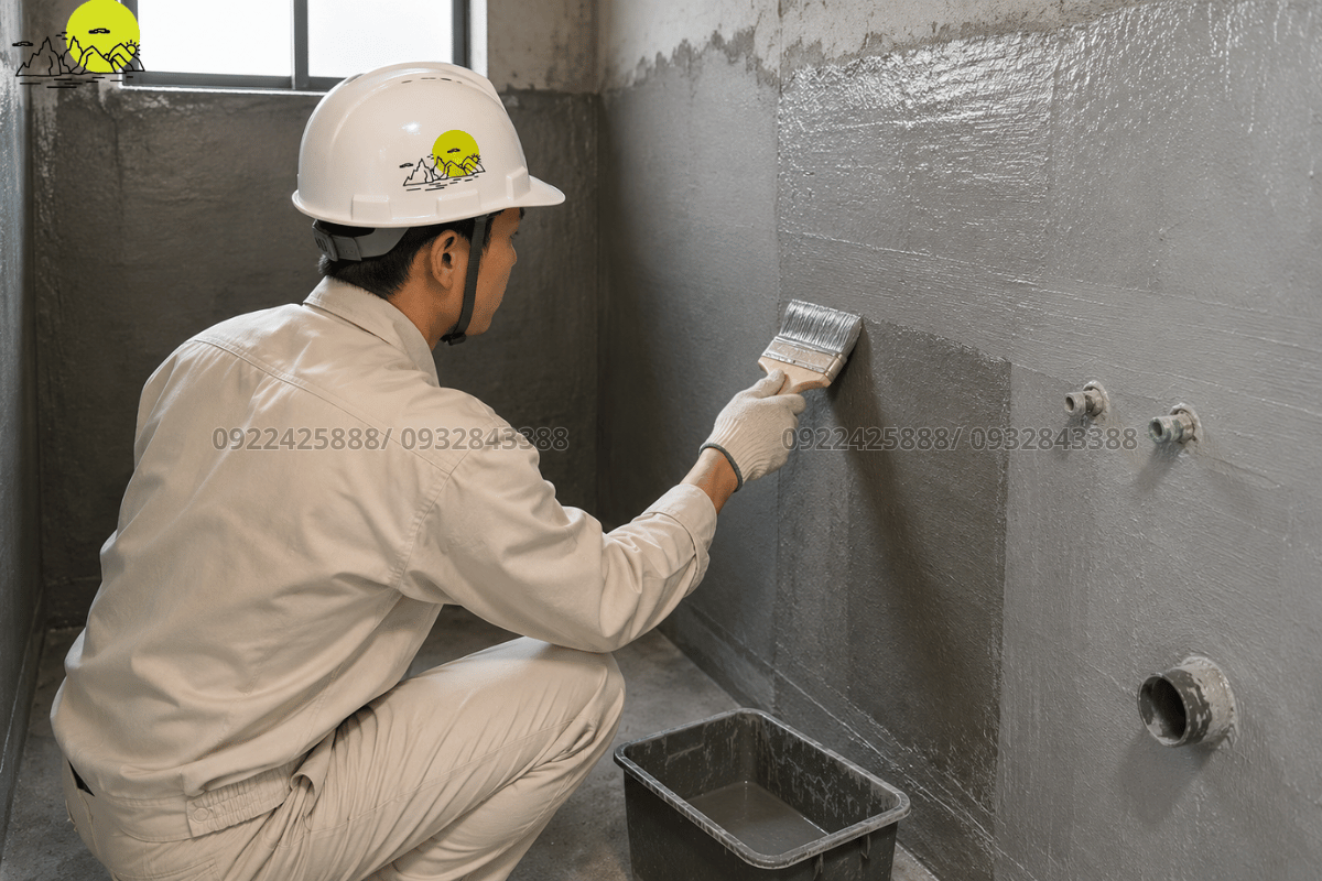Công đoạn quét hóa chất chống thấm cốt tường gạch phòng tắm kỹ lưỡng trước khi ốp đá